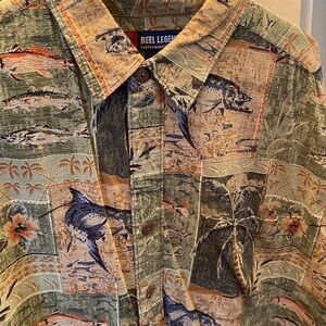 Reel Legends Green and Tan Tropical button up  Collar Shirt